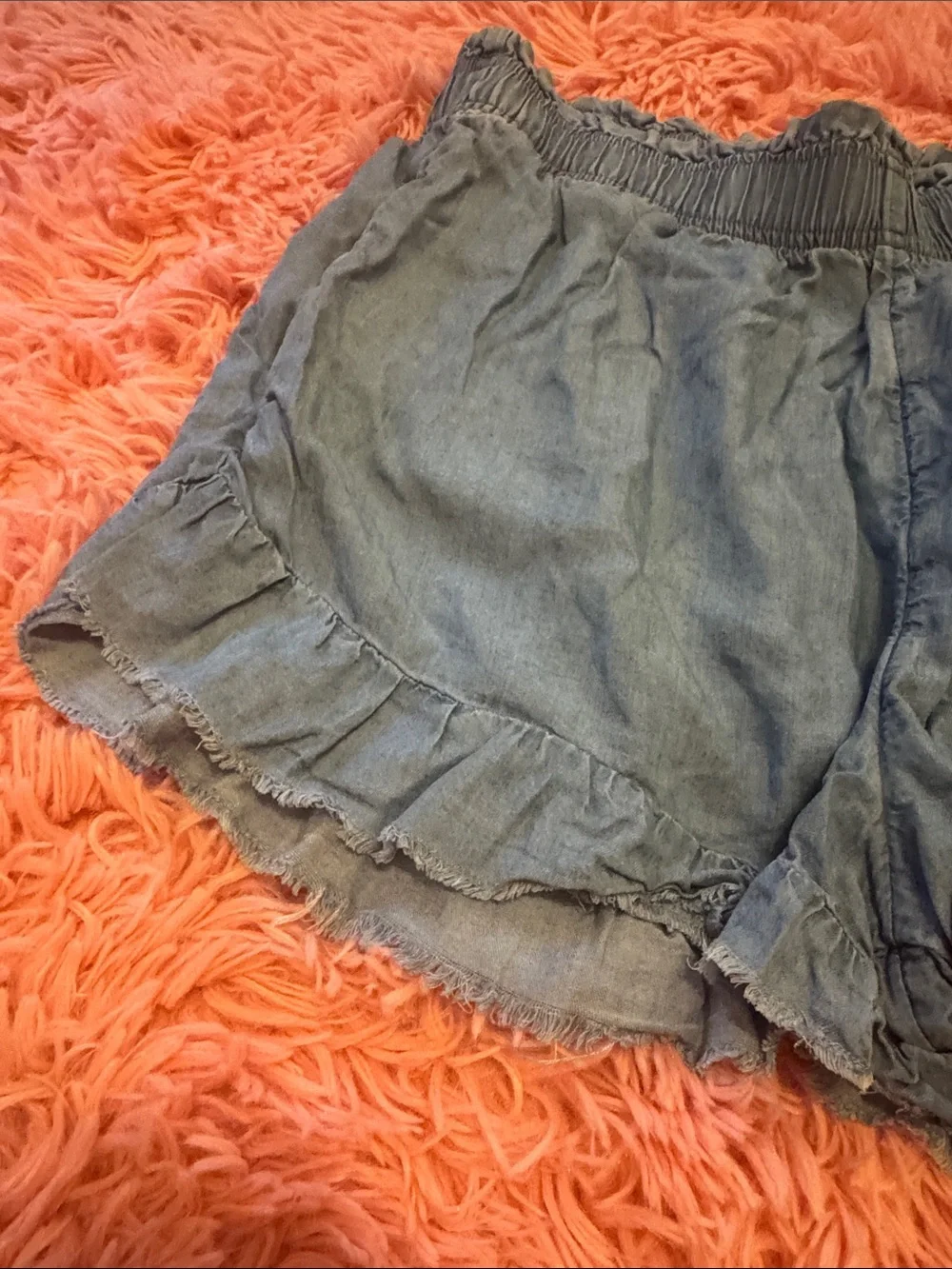 aerie Indigo Ruffle Hem High-Waist Casual Shorts - Picture 2 of 4